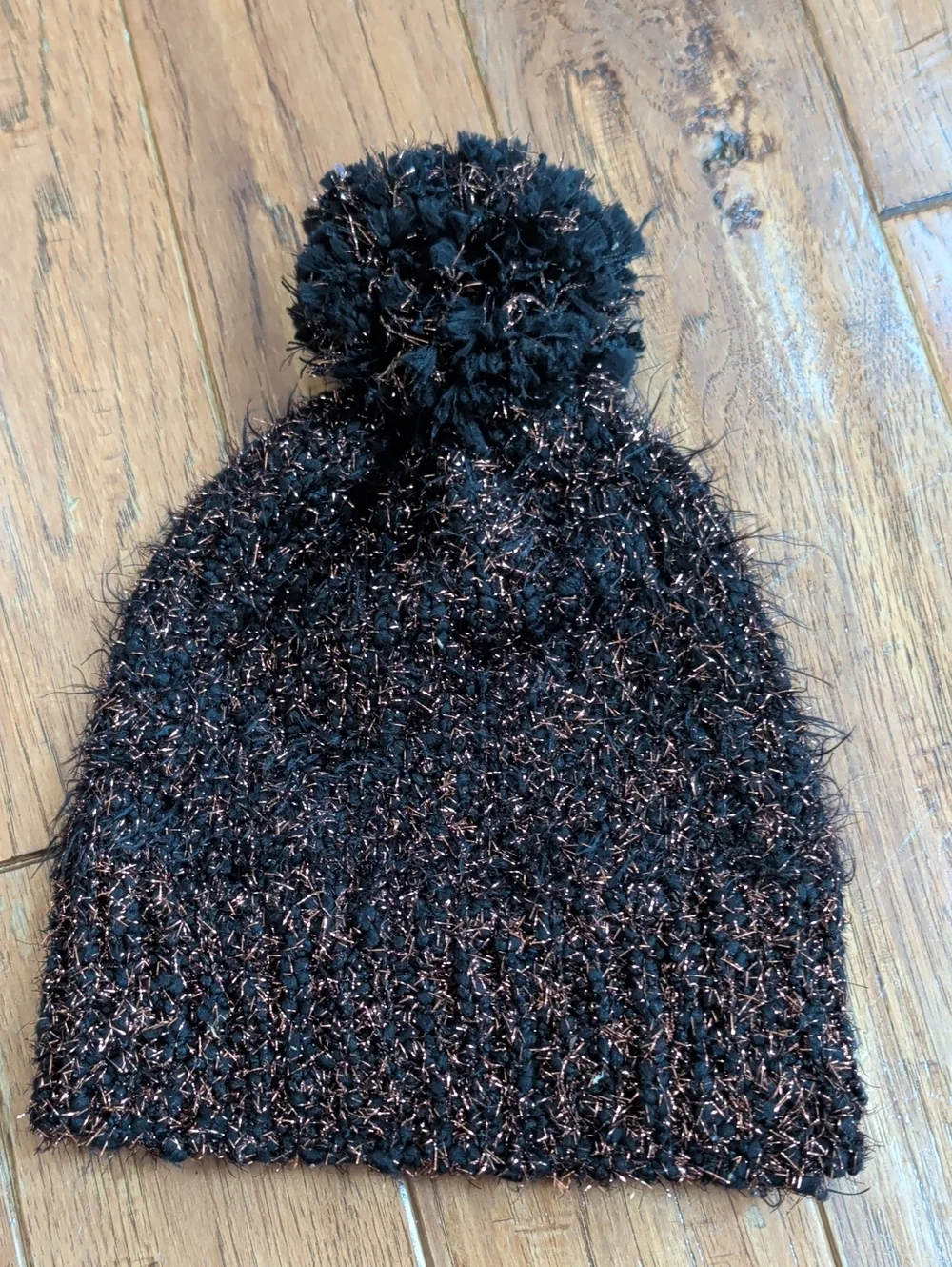 Anthropologie Black Metallic Gold Shimmer Pom Beanie - Women's Winter Hat